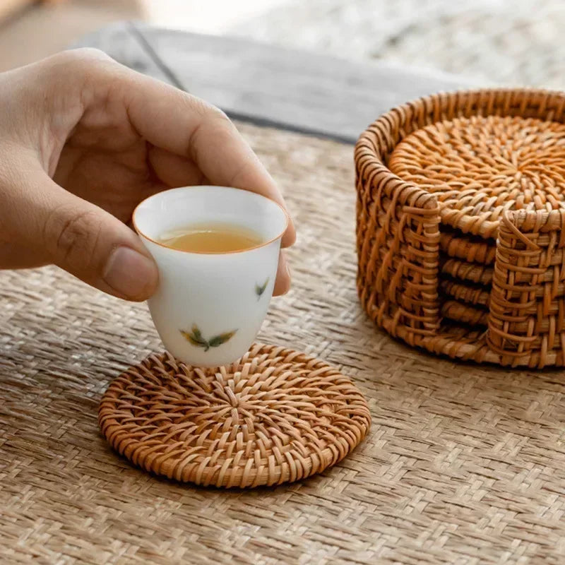 Afralia™ Woven Rattan Drink Coasters Set, 6Pcs, Tableware Placemat for Tea, Pot, Bowl