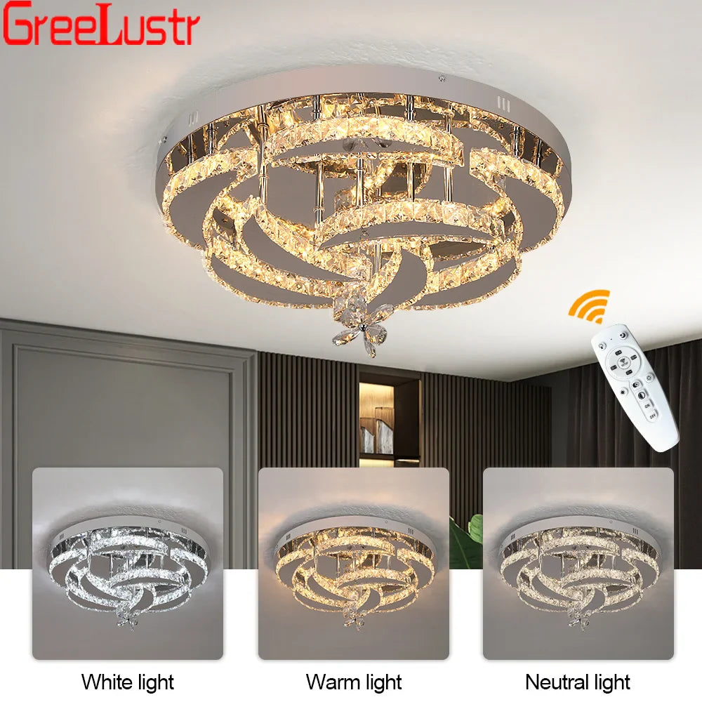 Afralia™ Crystal Raindrop Flowers Remote LED Chandelier Ceiling Light for Living Room