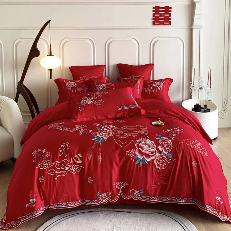 Afralia™ Peony Flowers Embroidery Queen Bedding Set with Brushed Duvet Cover and Sheet