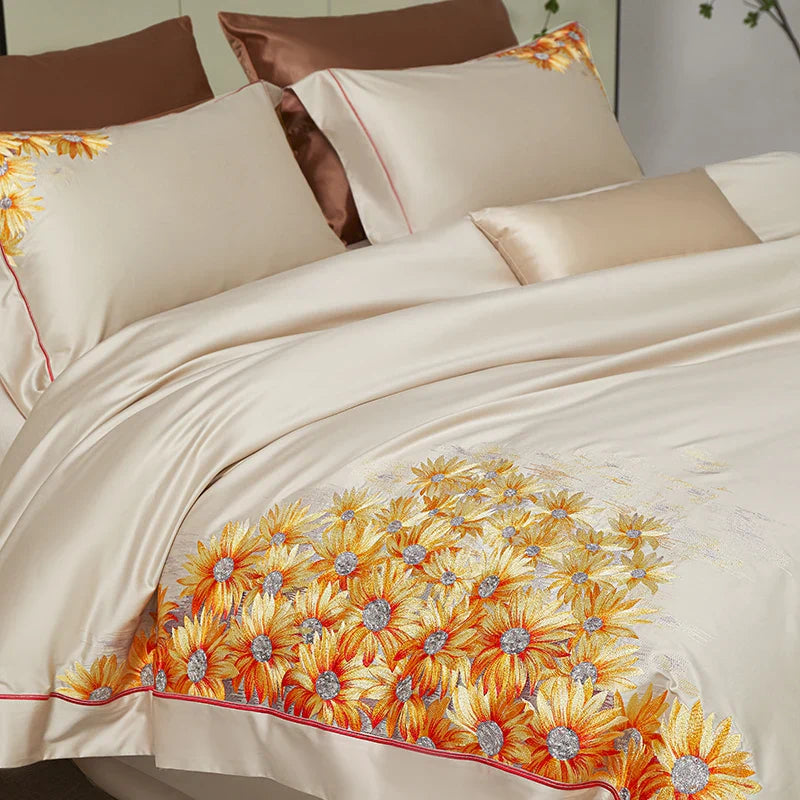 Afralia™ Sunflower Embroidery Bedding Set - Duvet Cover, Bed Sheet, Pillowcases Home Textiles