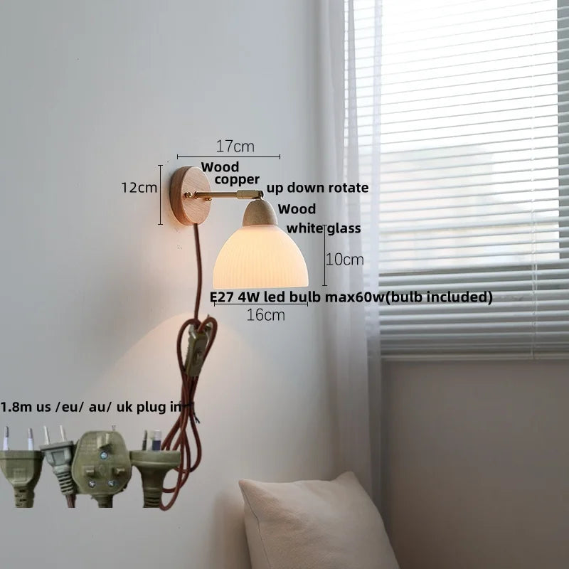 Afralia™ Wood Canopy LED Wall Lights Pull Chain Switch Amber Glass Modern Bedside Sconce