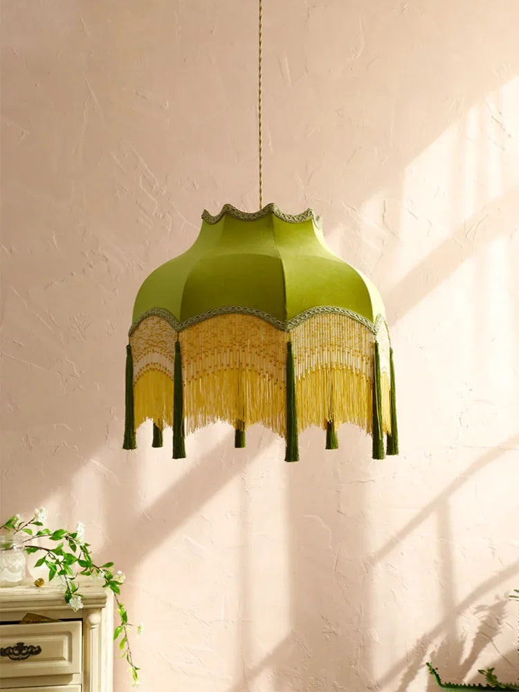 Afralia™ Vintage Green Velvet Tassels Pendant Lights Gold Lustre LED E27 for Home & Cafe
