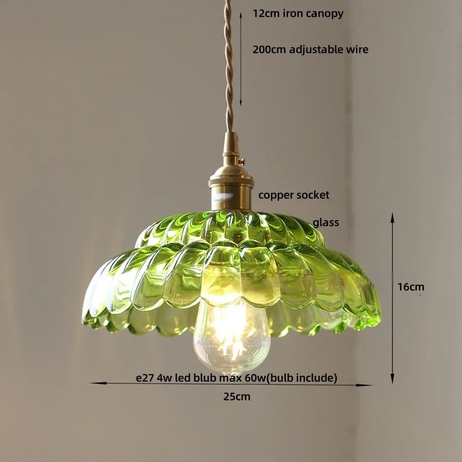 Afralia™ LED Pendant Lamp with Adjustable Wire, Copper Socket, Walnut Wood, Green Glass
