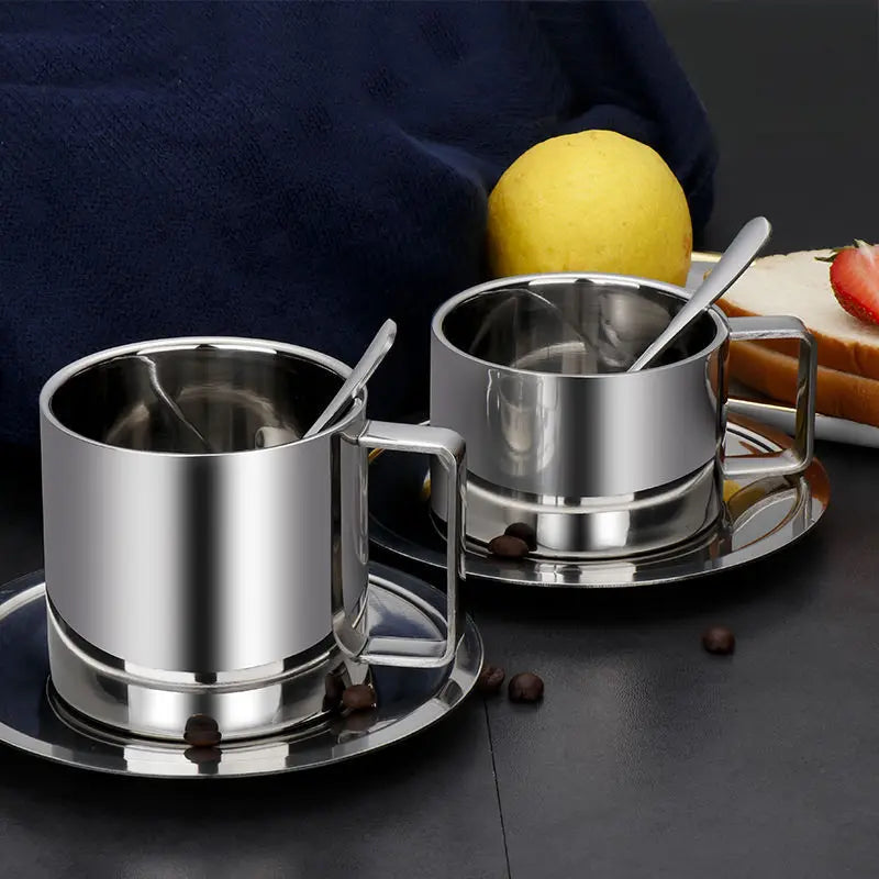 Afralia™ Stainless Steel Double Wall Insulated Coffee Cups Set with Tray and Spoon