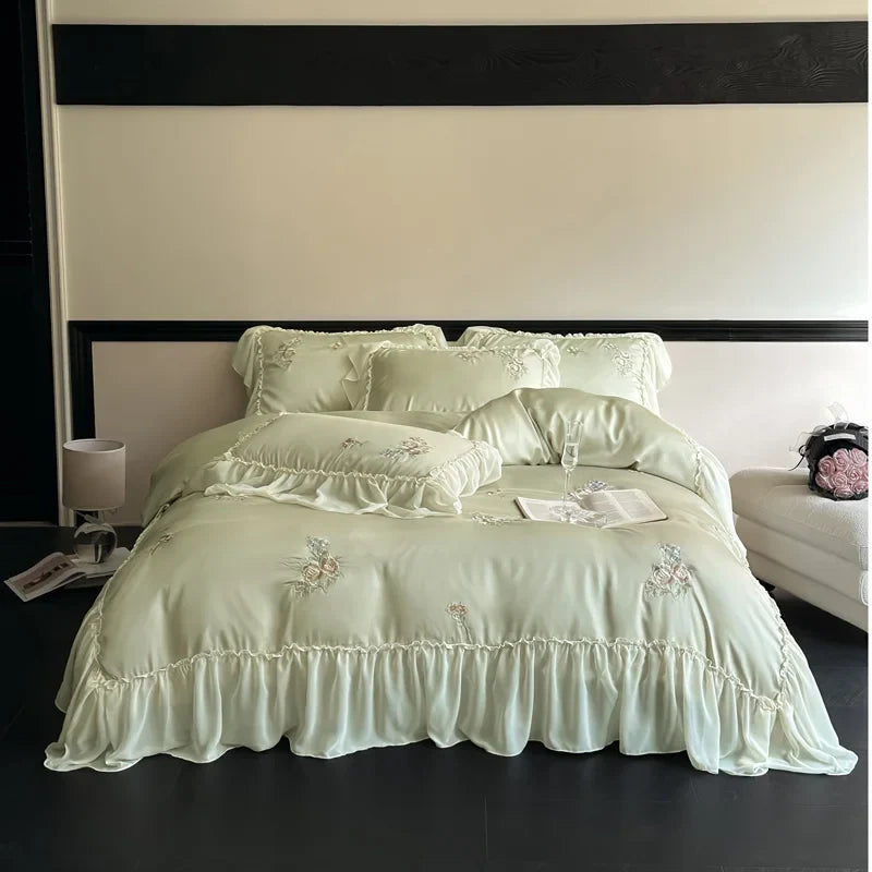 Afralia™ Flowers Embroidery Lace Ruffles Bedding Set in Soft Lyocell Fabric