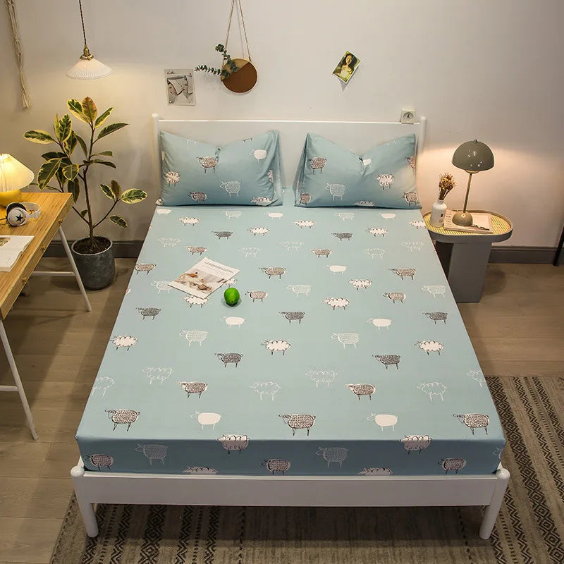 Afralia™ Fashion Flowers Print Cotton Fitted Sheet Single Piece Queen Size, Soft Pink Bed Linen