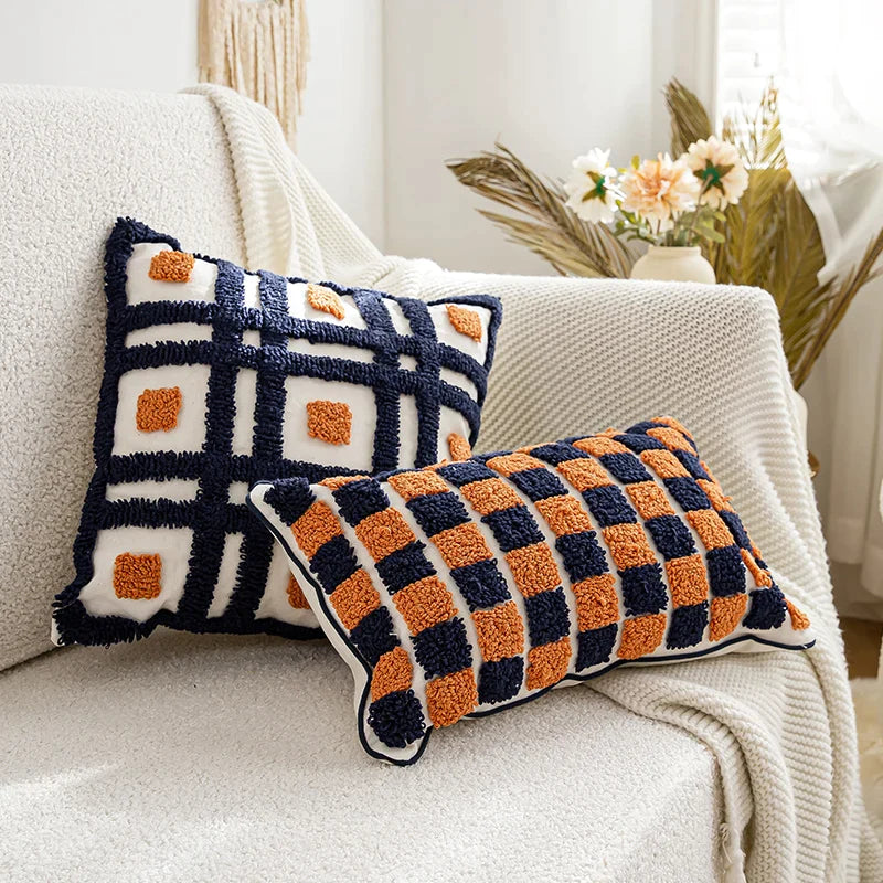 Afralia™ Boho Tufted Pillow Cover Navy Burnt Orange 45x45cm Square for Home Decoration