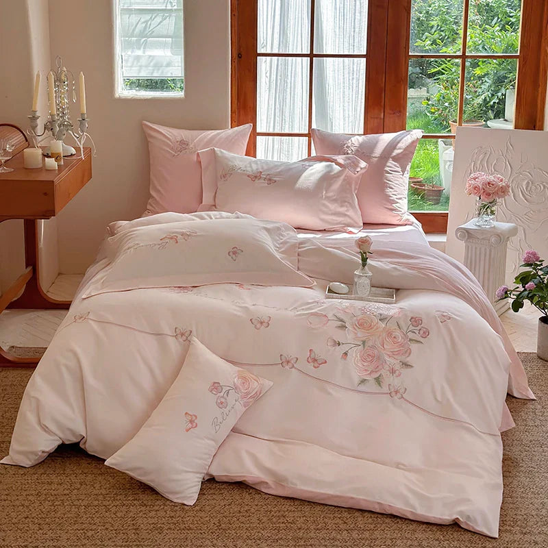 Afralia™ Rose Flowers Embroidery Cotton Bedding Set - Single Queen King Size