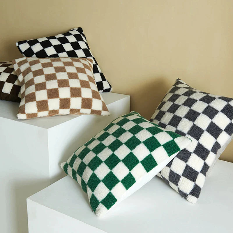 Afralia™ Checkerboard Lamb Throw Pillowcase - Black White Brown Green - Home Decor