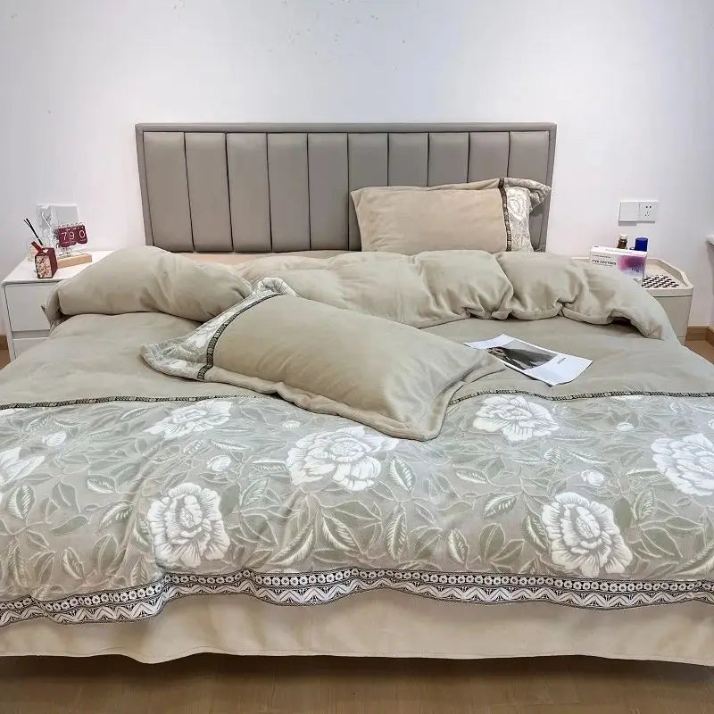 Afralia™ Winter Velvet Flowers Bedding Set: Warm & Cozy 4-Piece Duvet Cover, Bed Sheet, Pillowcases