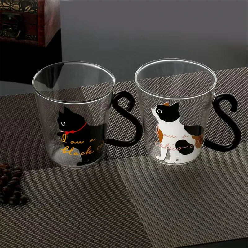 Glass Cat Tail Handle Mug, 300ml, Cute Cartoon Kitty Print, for Coffee, Tea, Milk - Afralia™