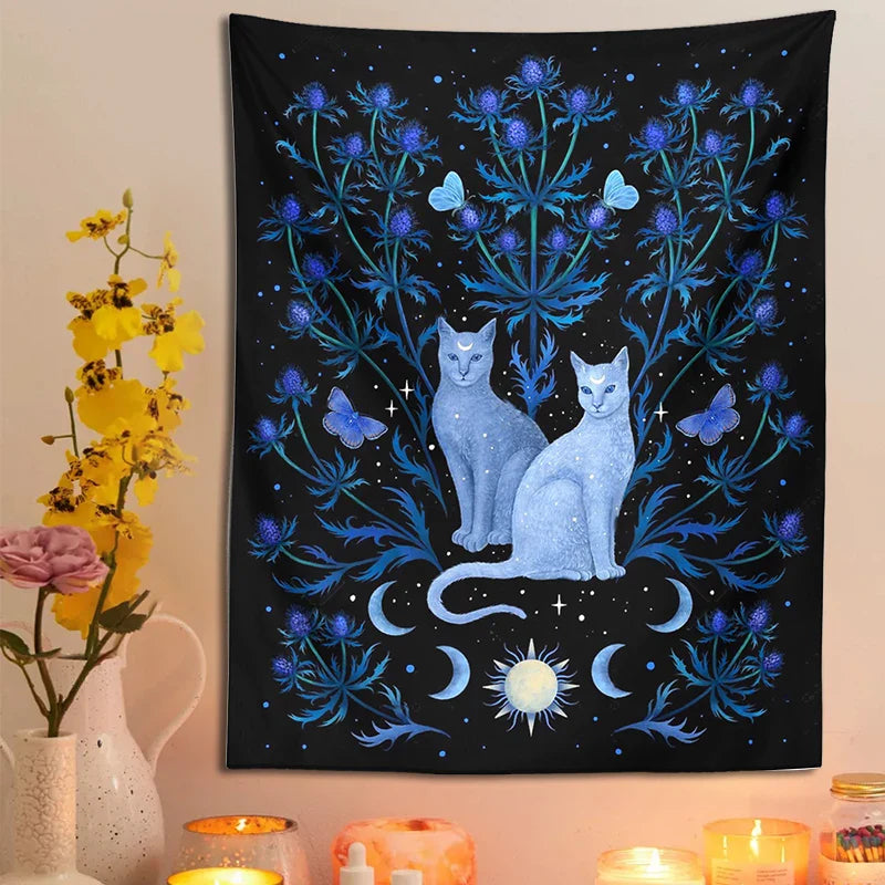 Afralia™ Cat Tapestry Wall Hanging Moon Sun Moth Leaf Flower Occult Home Decor