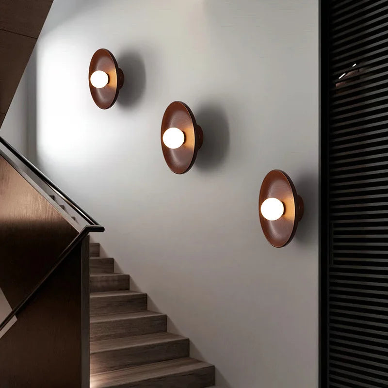 Afralia™ Wood Round Plate Wall Lights LED Nordic Modern Sconce for Home Décor