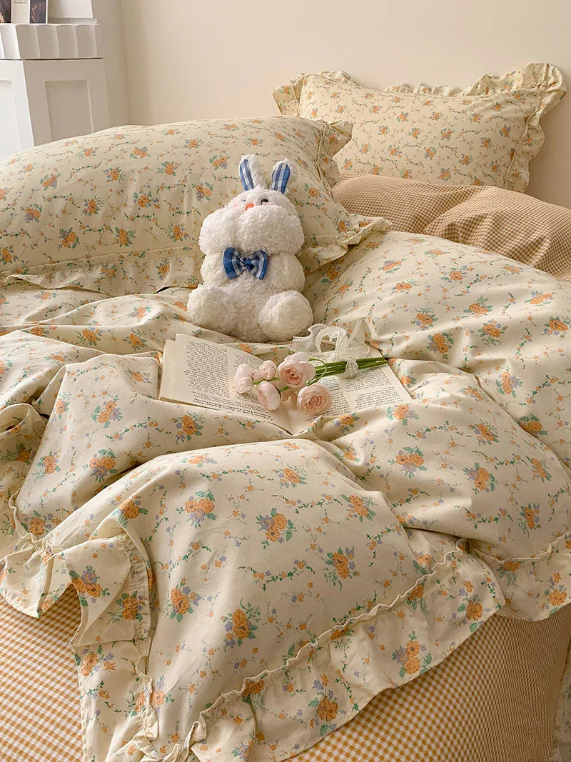 Afralia™ Floral Lace Ruffles Girl Bedding Set with Quilt/Duvet Cover, Sheet & Pillowcases