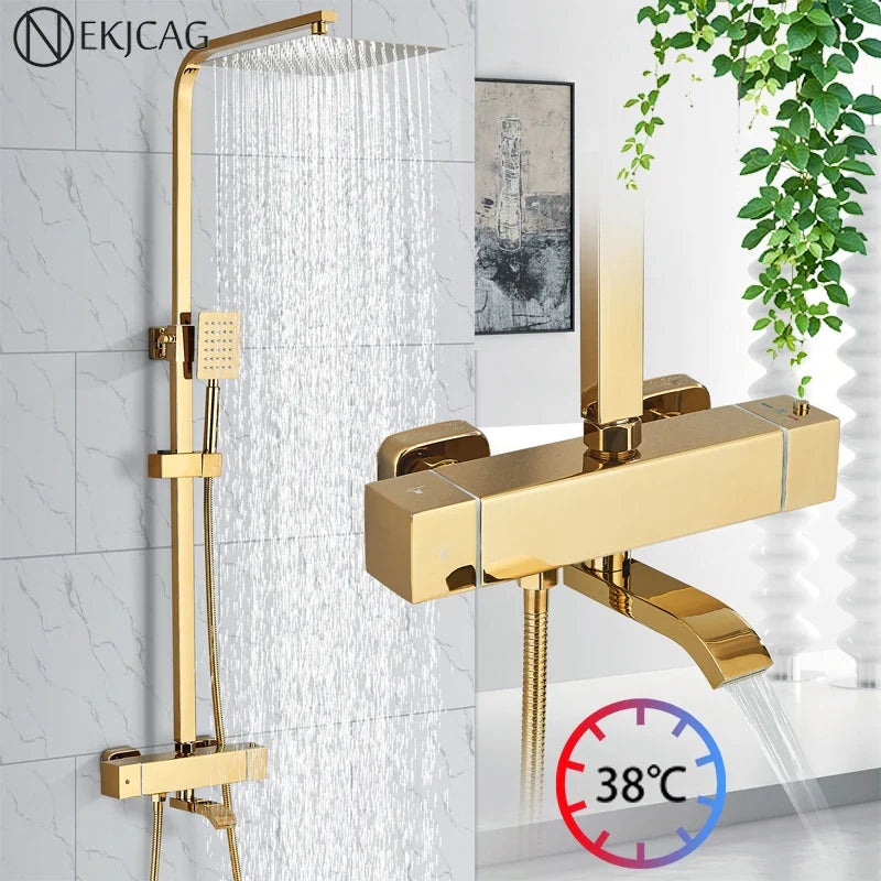 Afralia™ Golden Thermostatic Shower Faucet Set with Rainfall Shower Column and 3-Way Mixer