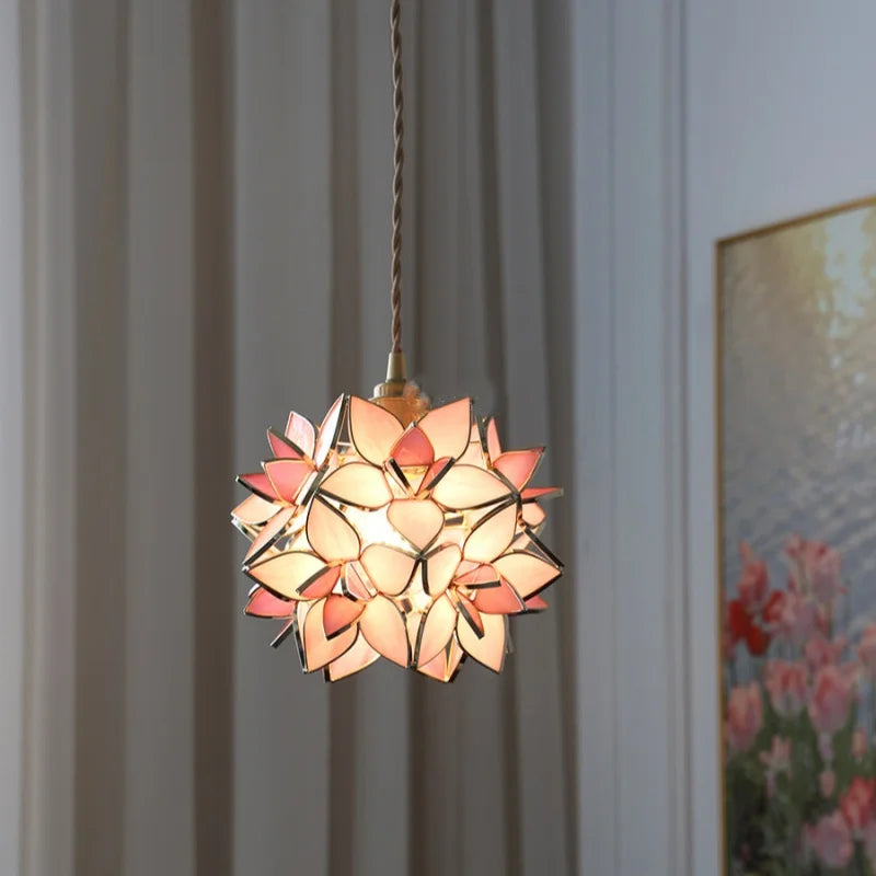 Afralia™ Flower Glass Pendant Lamp E27 Copper Hanging Light - Adjustable 200cm Wire