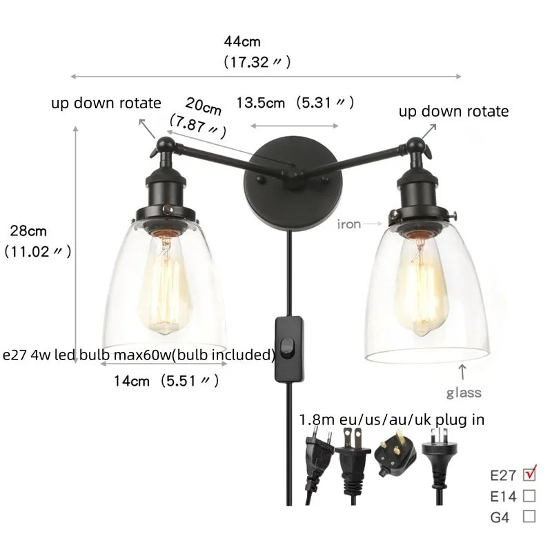 Afralia™ Black LED Wall Lamp Sconce Industrial Loft Vintage Bathroom Mirror Light