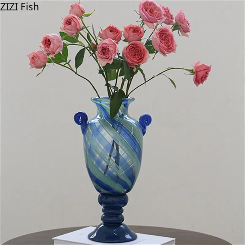 Afralia™ Blue Stripe Glass Vase Hydroponics Plant Pot Room Decor