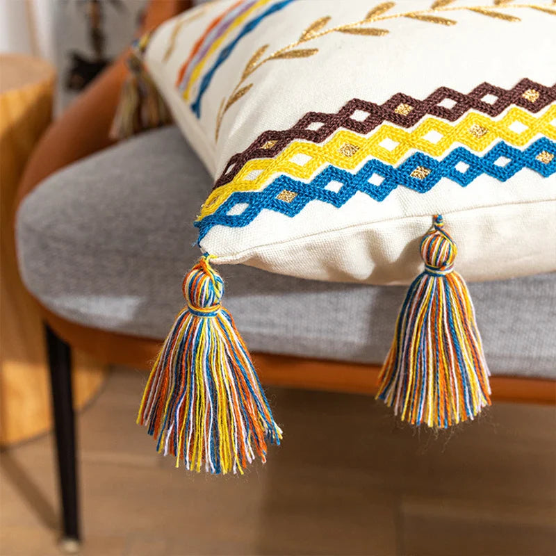 Afralia™ Bohemian Cotton Embroidery Cushion Cover with Tassel for Home Decoration