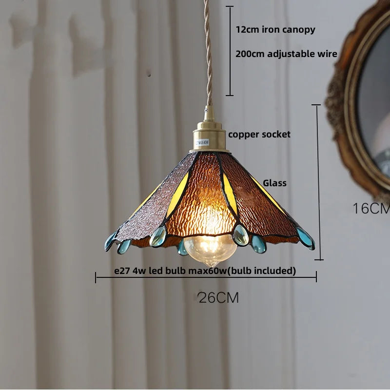 Afralia™ Walnut Wood LED Pendant Lights Tiffany Glass Hanging Lamp