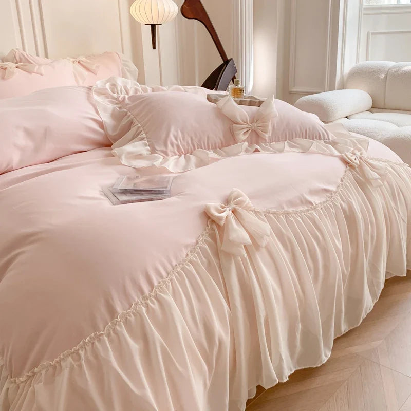 Afralia™ Pink French Princess Lace Ruffle Bow Bedding Set - Single Queen King
