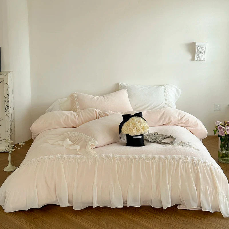 Afralia™ Romantic Lace Ruffles Bedding Set with Flowers Embroidery