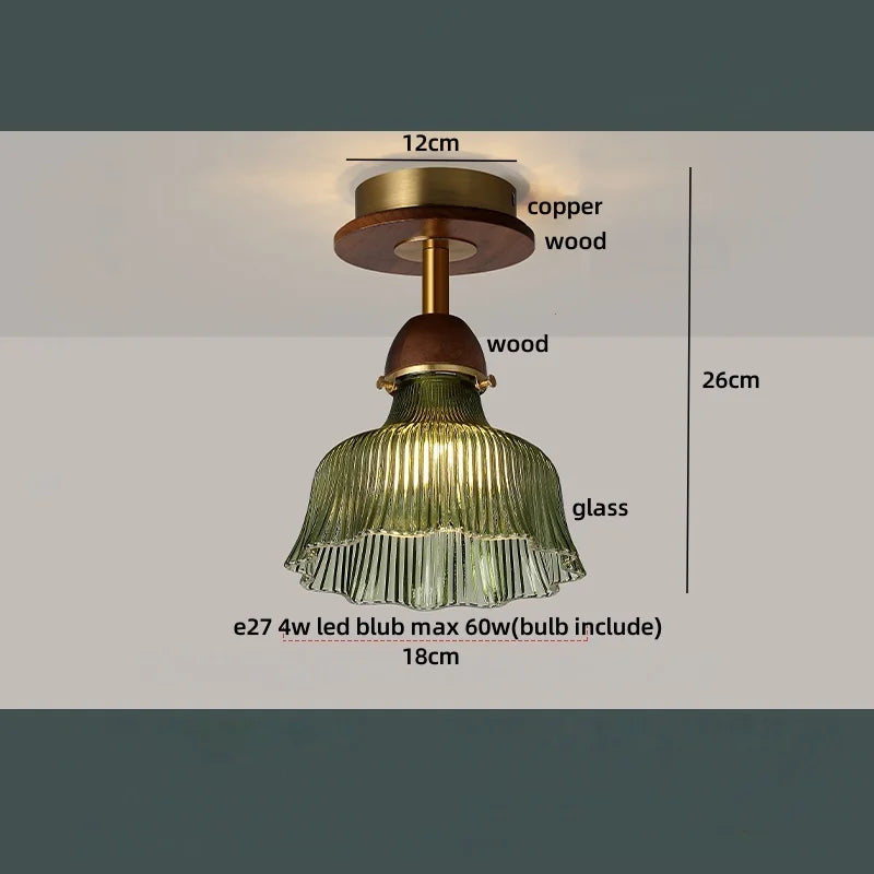 Afralia™ Round Wood Copper Amber Glass Ceiling Lamp