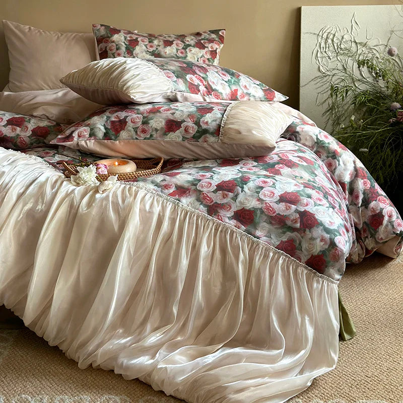 Afralia™ French Rustic Rose Flowers Duvet Set with Pleated Ruffles & Egyptian Cotton