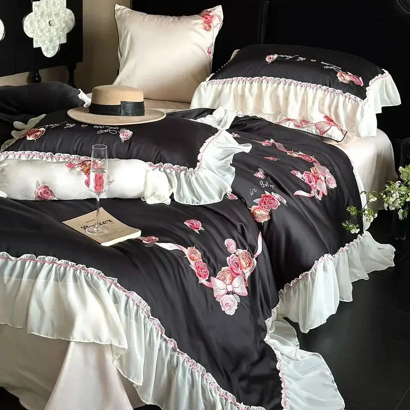 Afralia™ Floral Lace Princess Wedding Bedding Set with Lyocell Cotton Duvet Cover & Ruffles