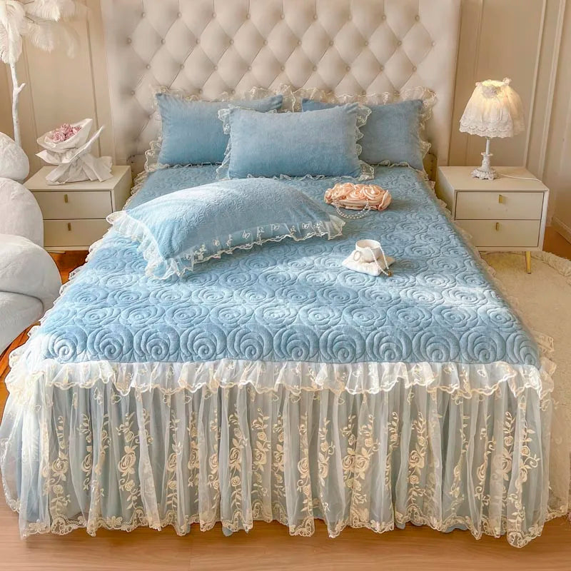 Afralia™ Lace Princess Bedding Set with Velvet Bed Skirt & Quilt Cover