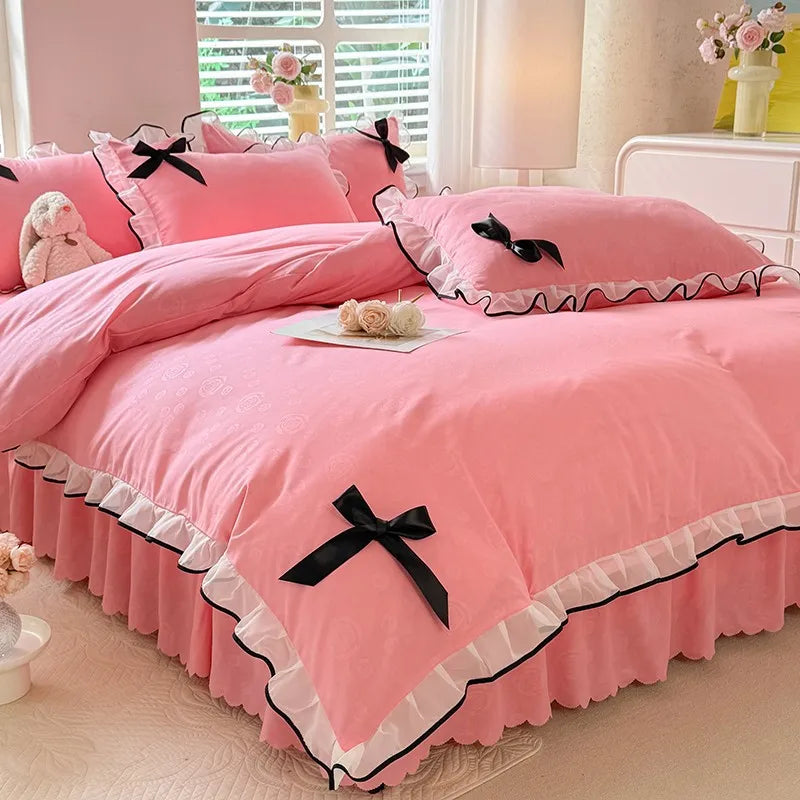 Afralia™ Lace Bow Bed Skirt Bedding Set in Romantic Solid Color for King Queen Double Sizes