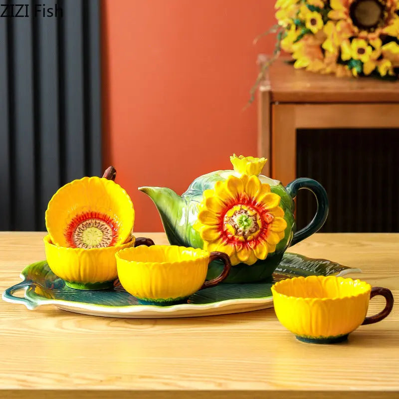 Afralia™ Sunflower Tea Set with Tray, Teapot, Teacup, and Artificial Yellow Flower