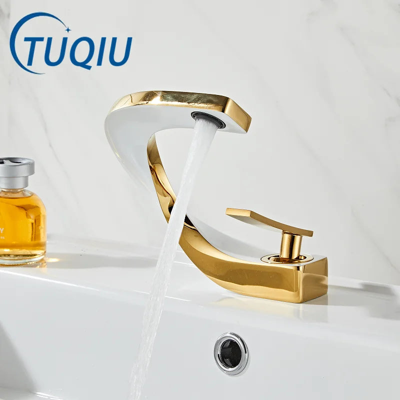 Afralia™ Gold & White Bathroom Basin Faucet Deck Mounted Sink Tap, Brass with Rose Gold Accent