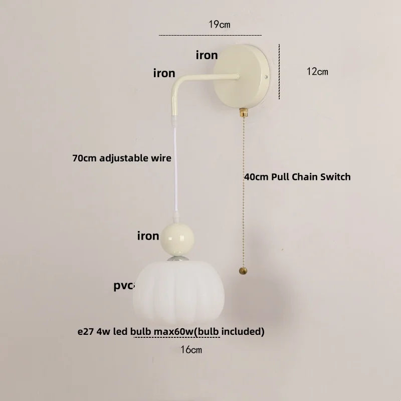 Afralia™ Iron Nordic LED Wall Light with Pull Chain Switch, Adjustable Glass Bedside Lamp