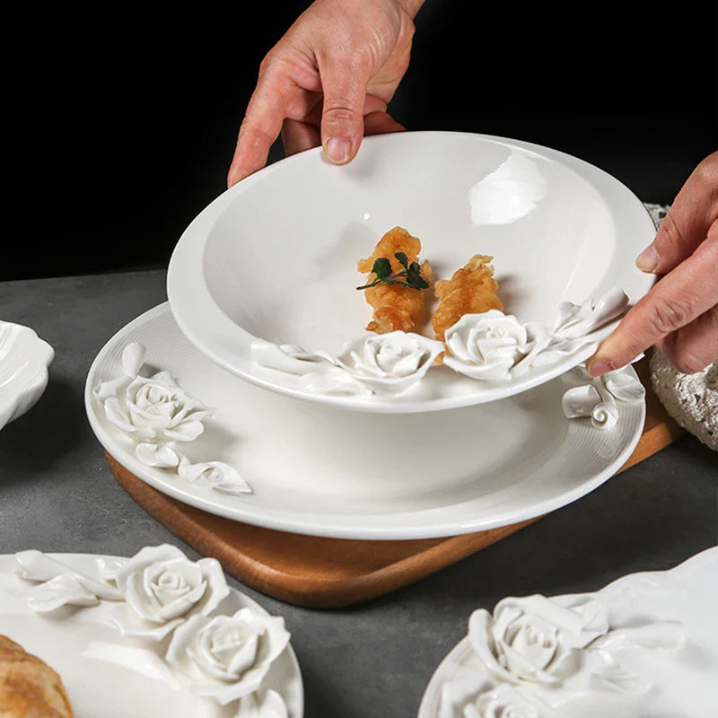 Afralia™ Flower Relief Ceramic Plate Western Dinner Plates Kitchen Cutlery