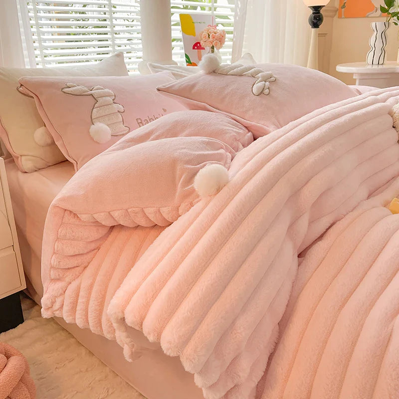 Afralia™ Rabbit Velvet Bedding Set: Single Queen King Size Plush Duvet Cover, Bed Sheet, Pillowcases