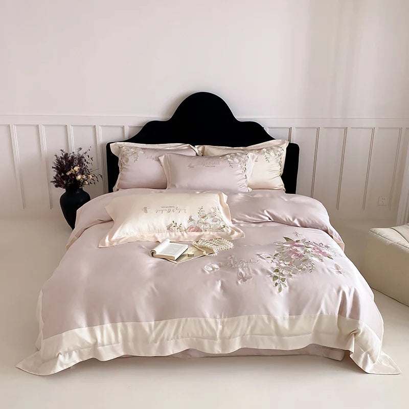 Afralia™ Butterfly Flowers Embroidery Bedding Set 800TC Soft Silky Duvet Cover Set
