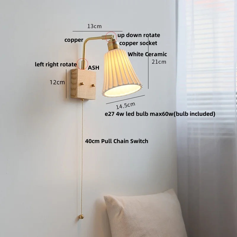 Afralia™ Nordic LED Wall Lights Pull Chain Switch Bedside Lamp Walnut Ash Glass Copper