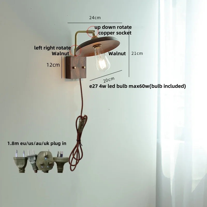 Afralia™ Walnut Wood LED Wall Sconce, Copper Toggle Switch, Vintage Loft Style