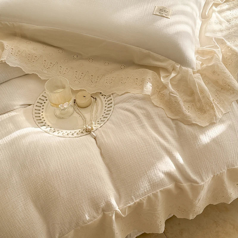 Afralia™ Lace Ruffles Princess Wedding Bedding Set in Pure Cotton Skin-friendly Fabric