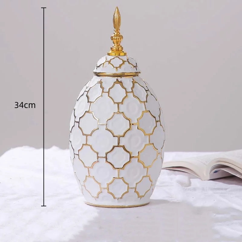 Afralia™ Checkmate Ginger Jar Vase Plaid Gold Porcelain Bottle Home Decor