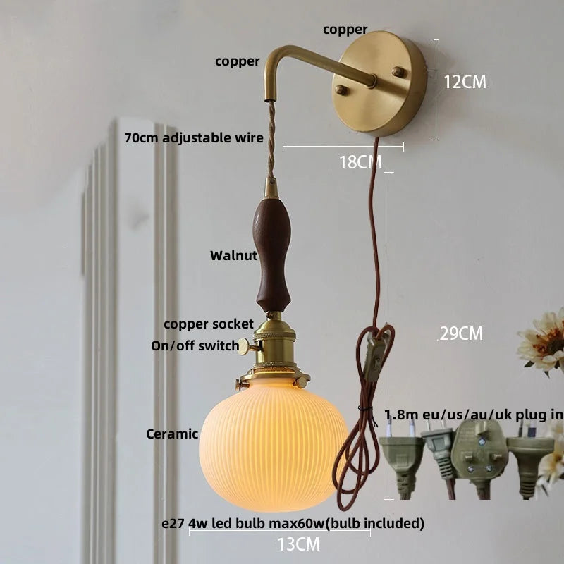 Afralia™ Copper Ceramic LED Wall Light Fixture Pull Chain Switch Modern Wall Lamp