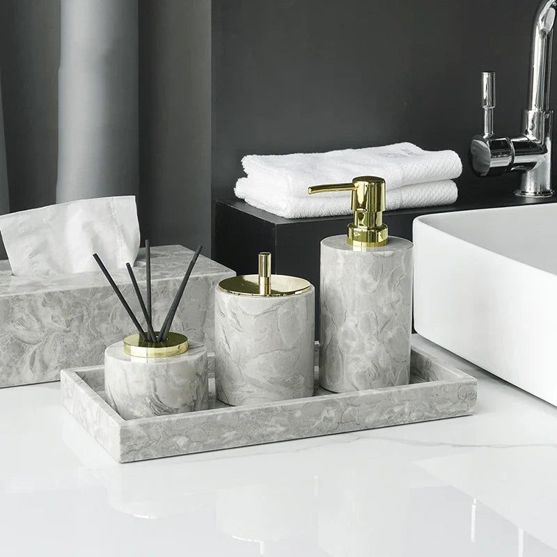 Afralia™ Marble Bathroom Accessories Set - Soap Dispenser, Toothbrush Holder, Cup, Toilet Brush