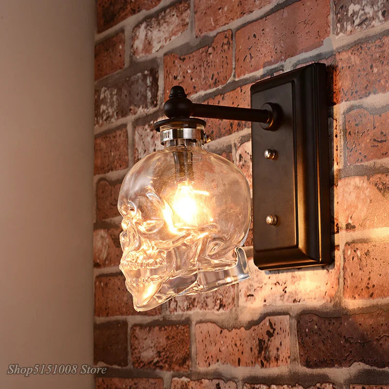 Afralia™ Vintage Skull Bones Glass Wall Lamp for Industrial Home Decor