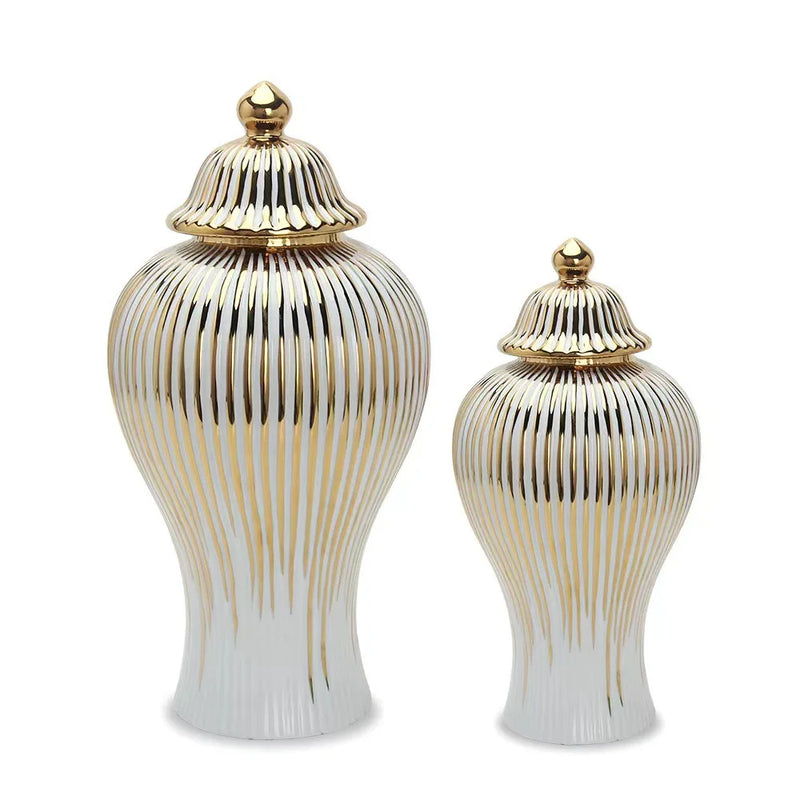 Afralia™ Gold Striped Ceramic Jar Vase Hand-made Porcelain Home Decor Storage