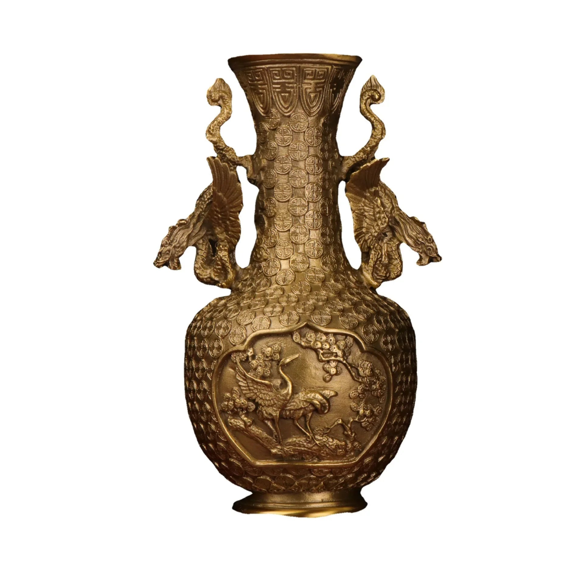 Afralia™ Copper Dragon Phoenix Vase Pair Double Dragon Ears Pine Crane Feng Shui Ornament