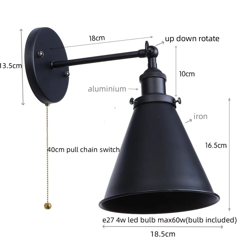Afralia™ Vintage LED Pull Chain Wall Lights, Industrial Retro Iron Aisle Bedside Lamp