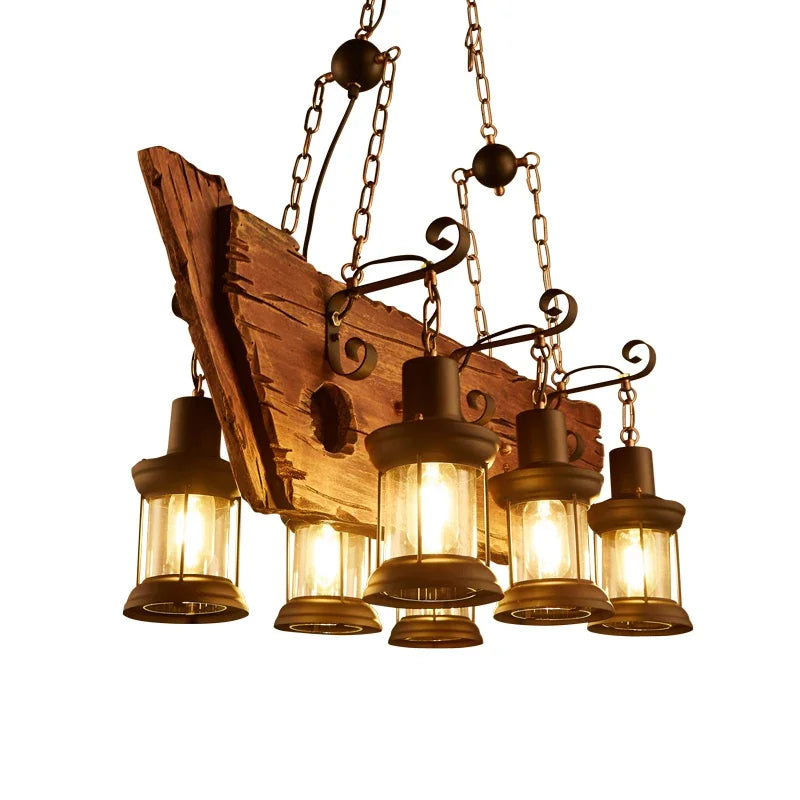 Afralia™ Wood and Iron Chandelier Pendant Lighting for Kitchen Island, Bedroom, Coffee Shop