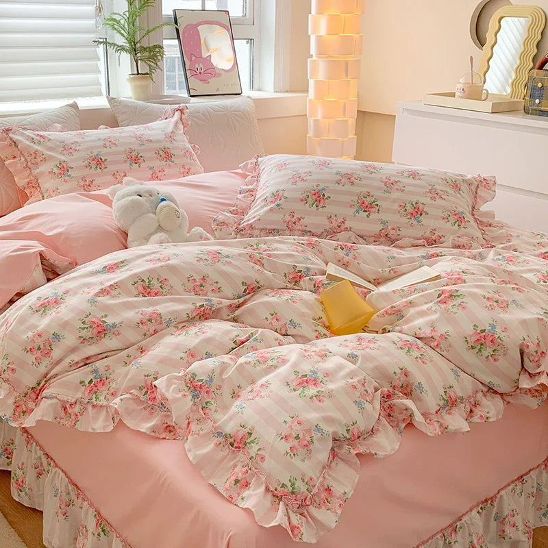 Afralia™ Floral Lace Ruffles Girl Bedding Set with Quilt/Duvet Cover, Sheet & Pillowcases
