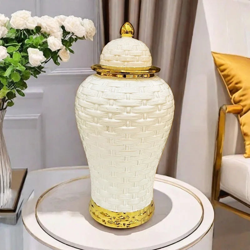 Afralia™ Golden Flower Vase Ceramic Checkmate Jar Weave Pattern Home Decoration Accessories